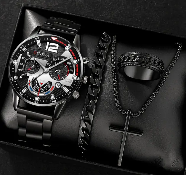 Men's Quartz Watch with Cross Necklace & Bracelet Set