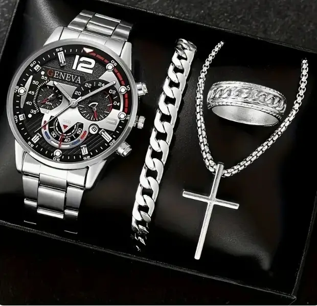 Men's Quartz Watch with Cross Necklace & Bracelet Set
