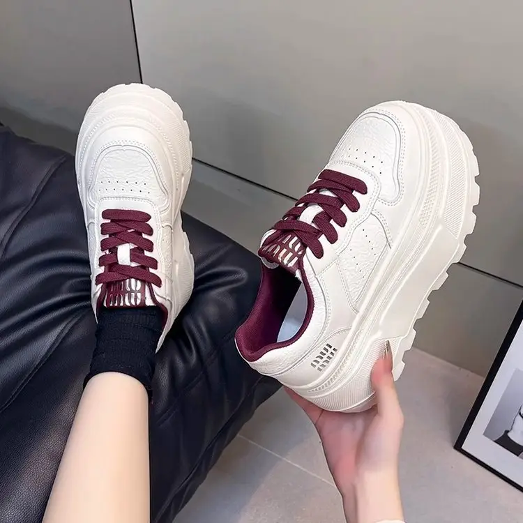 8cm Height-increasing Thick-soled Shoes Leather White Shoes Women's 2025 Spring New All-match Platform Shoes Casual Comfortable Board Shoes - Image 4