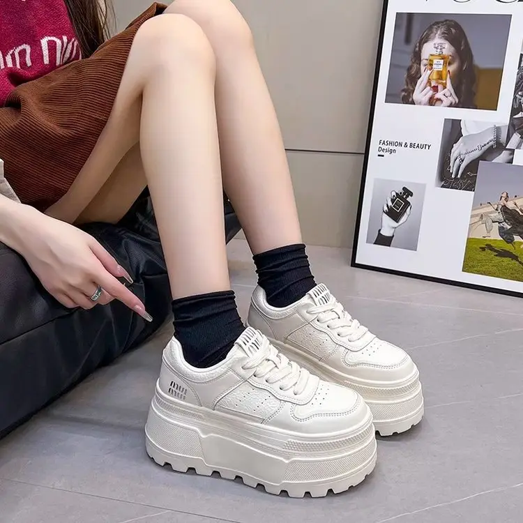 8cm Height-increasing Thick-soled Shoes Leather White Shoes Women's 2025 Spring New All-match Platform Shoes Casual Comfortable Board Shoes - Image 5