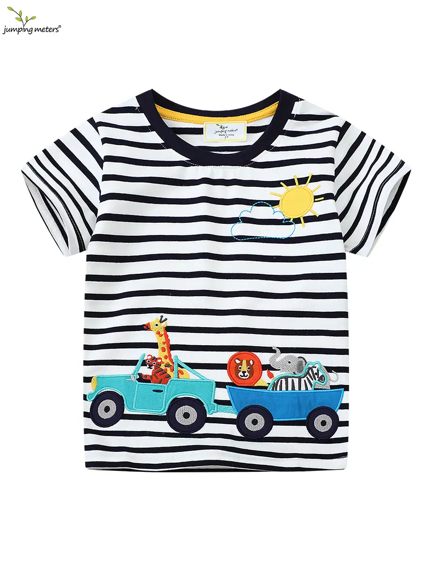 Boys Striped T-Shirt with Cartoon Truck Embroidery - Image 2