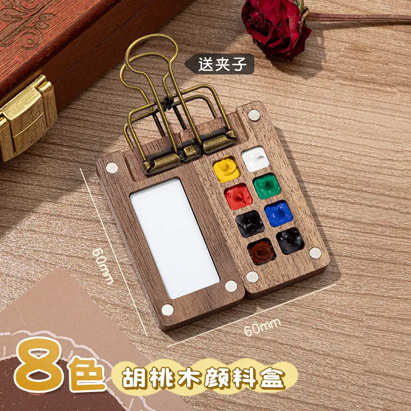 Mini Watercolor Pigment Walnut Box Portable Hand Ledger Book Sketchup Travel Painting Book Color Tone Small Sketchpad — feature 13
