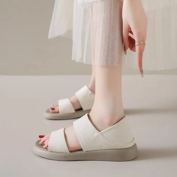 Women's 2025 Summer Flat Sandals White Leather Round Toe Two-Wear - Image 7