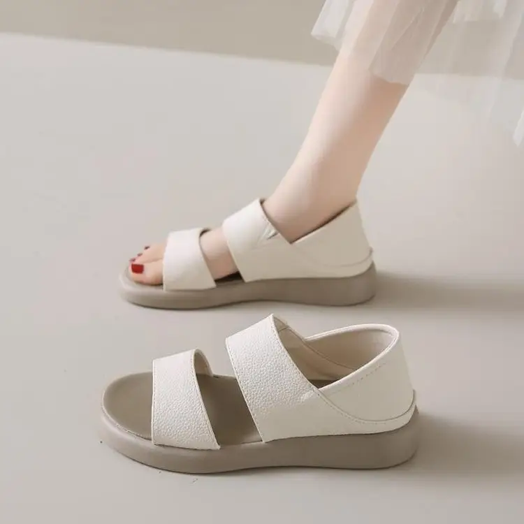 Women's 2025 Summer Flat Sandals White Leather Round Toe Two-Wear - Image 8