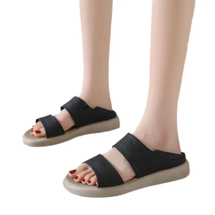 Women's 2025 Summer Flat Sandals White Leather Round Toe Two-Wear - Image 9