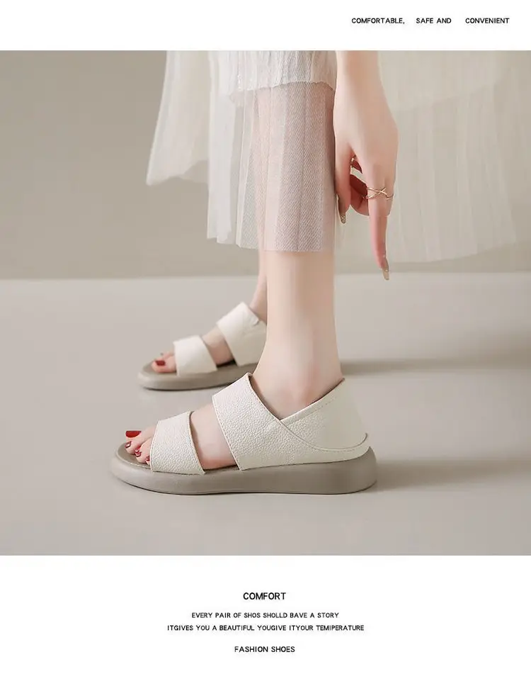 Women's 2025 Summer Flat Sandals White Leather Round Toe Two-Wear — feature 11