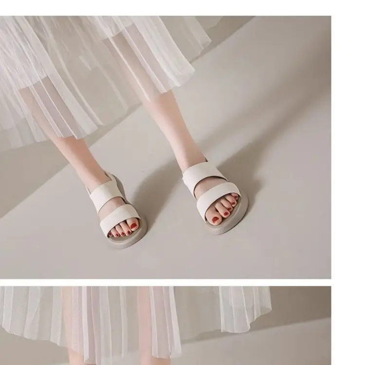 Women's 2025 Summer Flat Sandals White Leather Round Toe Two-Wear — feature 12
