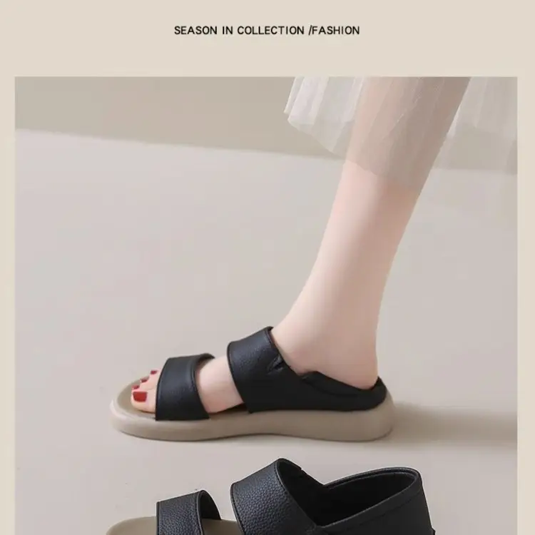 Women's 2025 Summer Flat Sandals White Leather Round Toe Two-Wear — feature 13