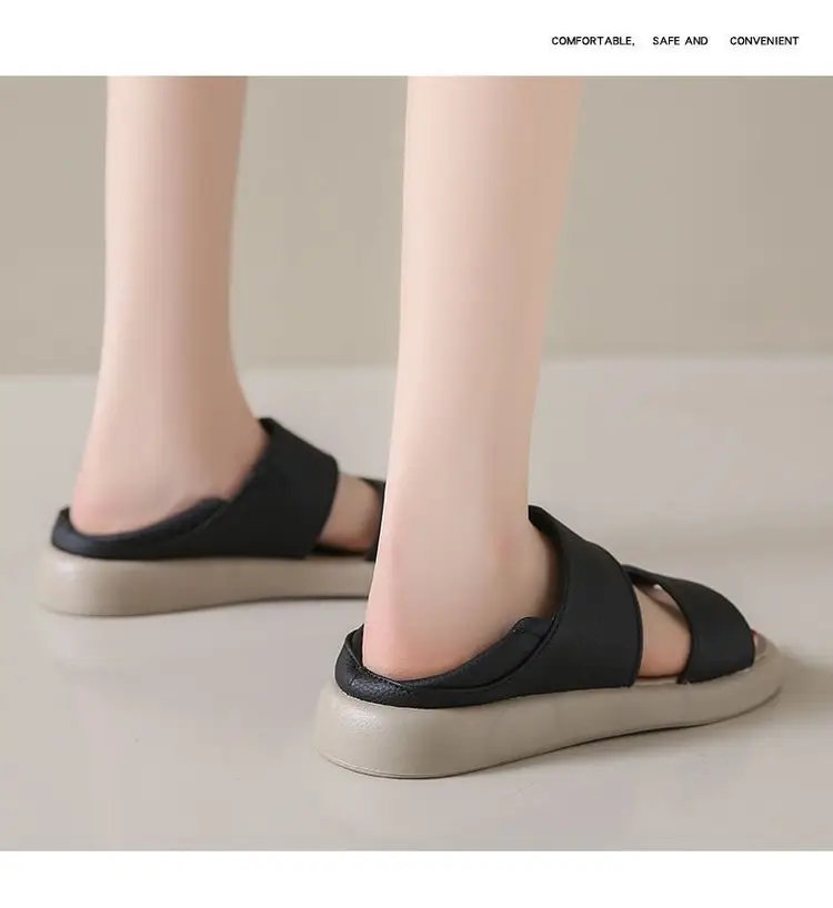 Women's 2025 Summer Flat Sandals White Leather Round Toe Two-Wear — feature 15