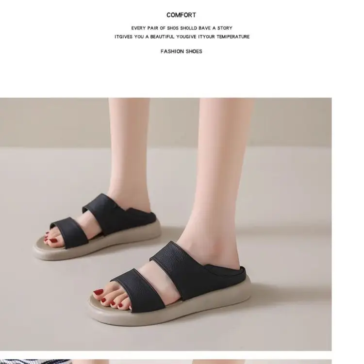 Women's 2025 Summer Flat Sandals White Leather Round Toe Two-Wear — feature 16