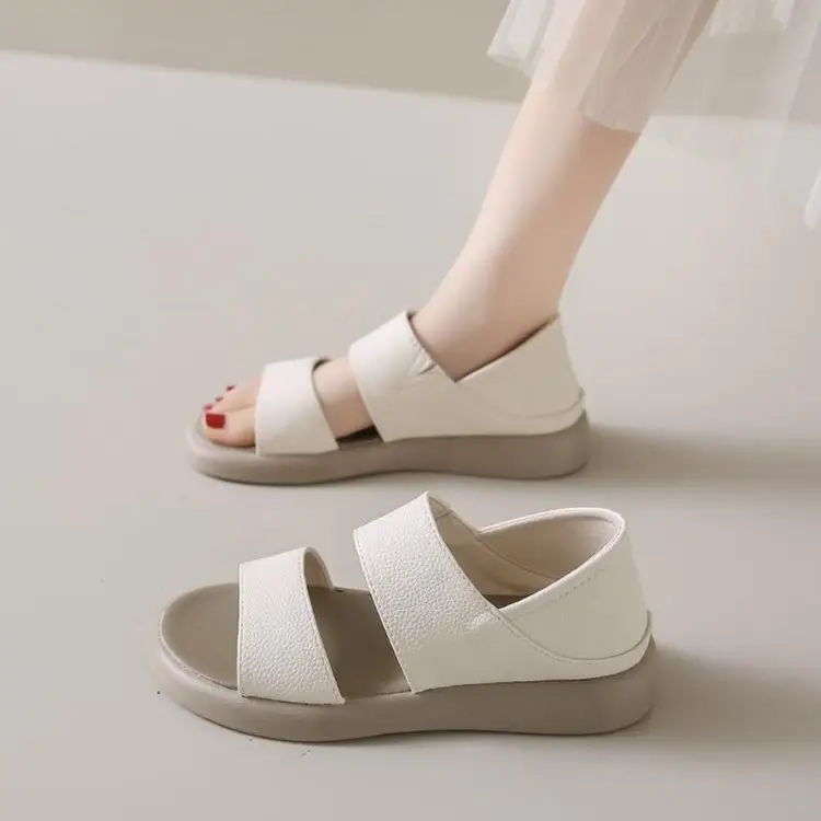 Women's 2025 Summer Flat Sandals White Leather Round Toe Two-Wear - Image 2