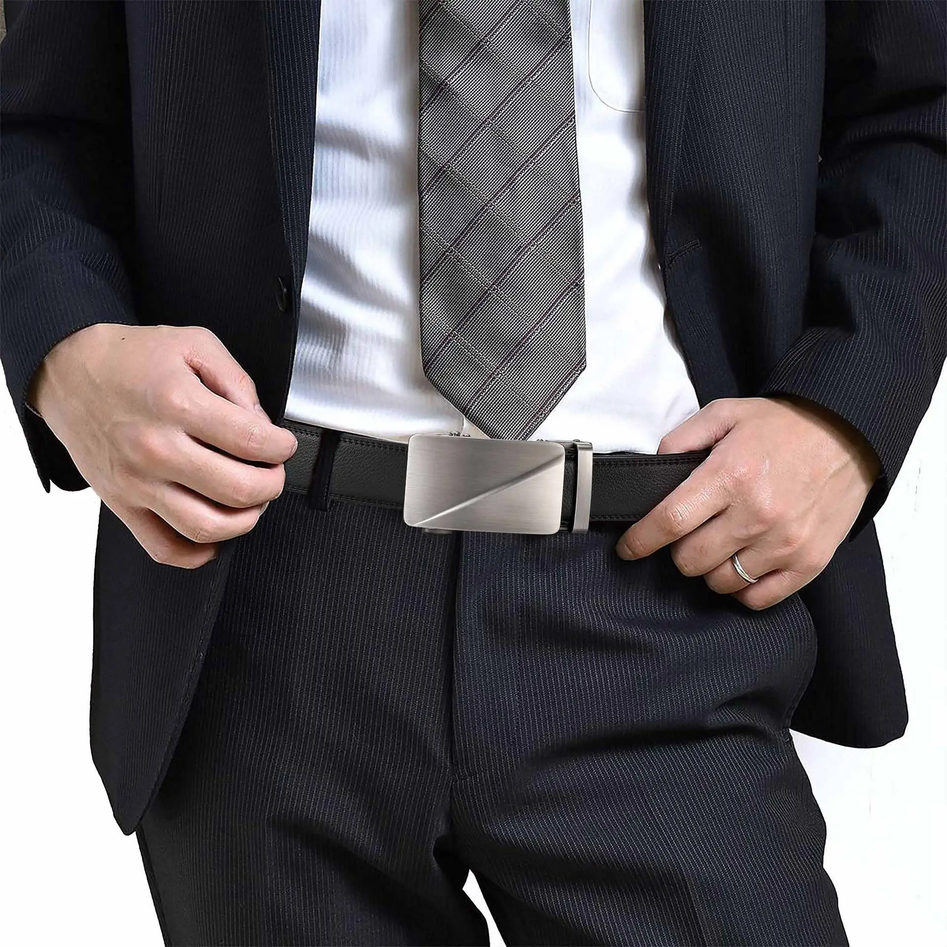 Men's Automatic Buckle Leather Belt with Silver Plate — feature 3