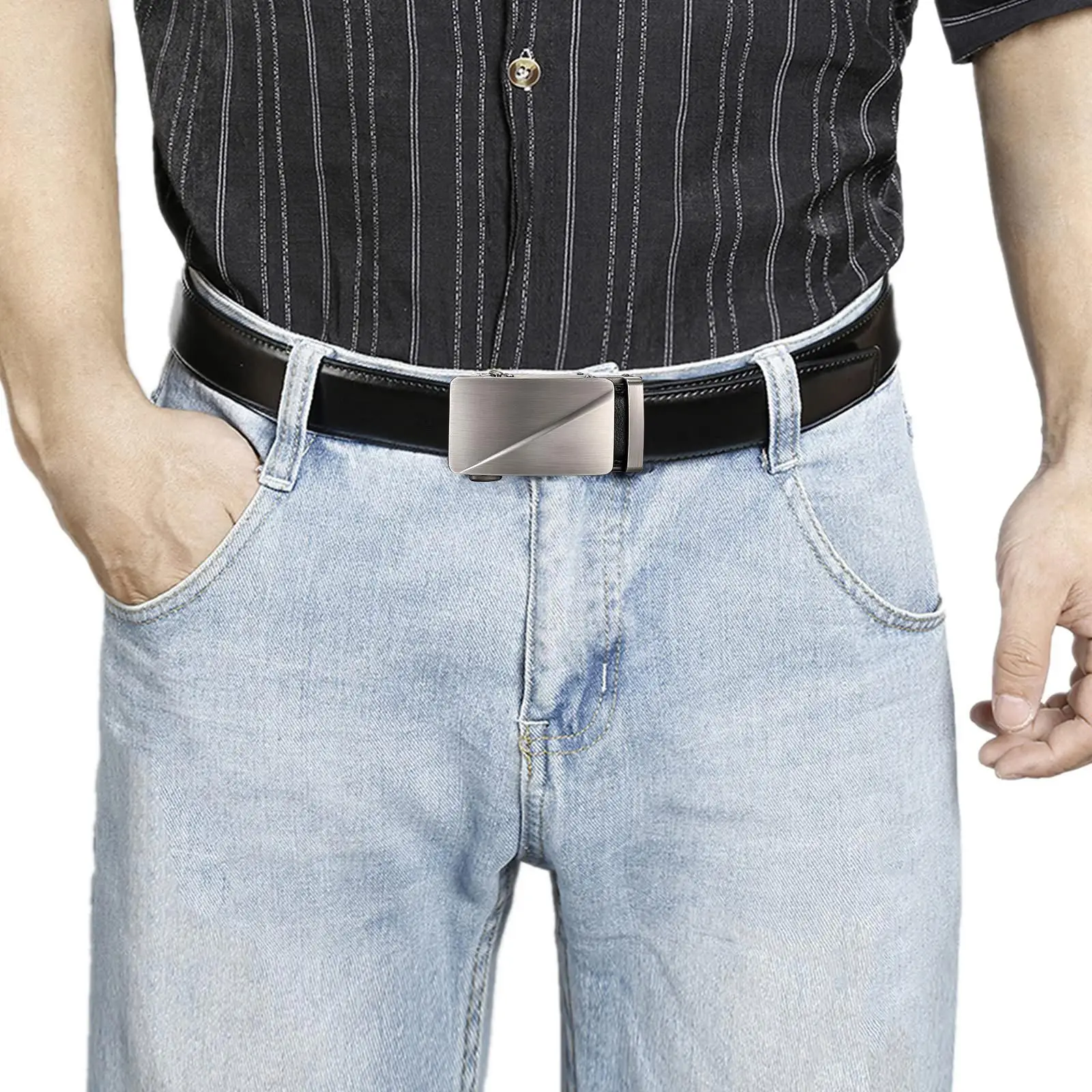 Men's Automatic Buckle Leather Belt with Silver Plate — feature 4