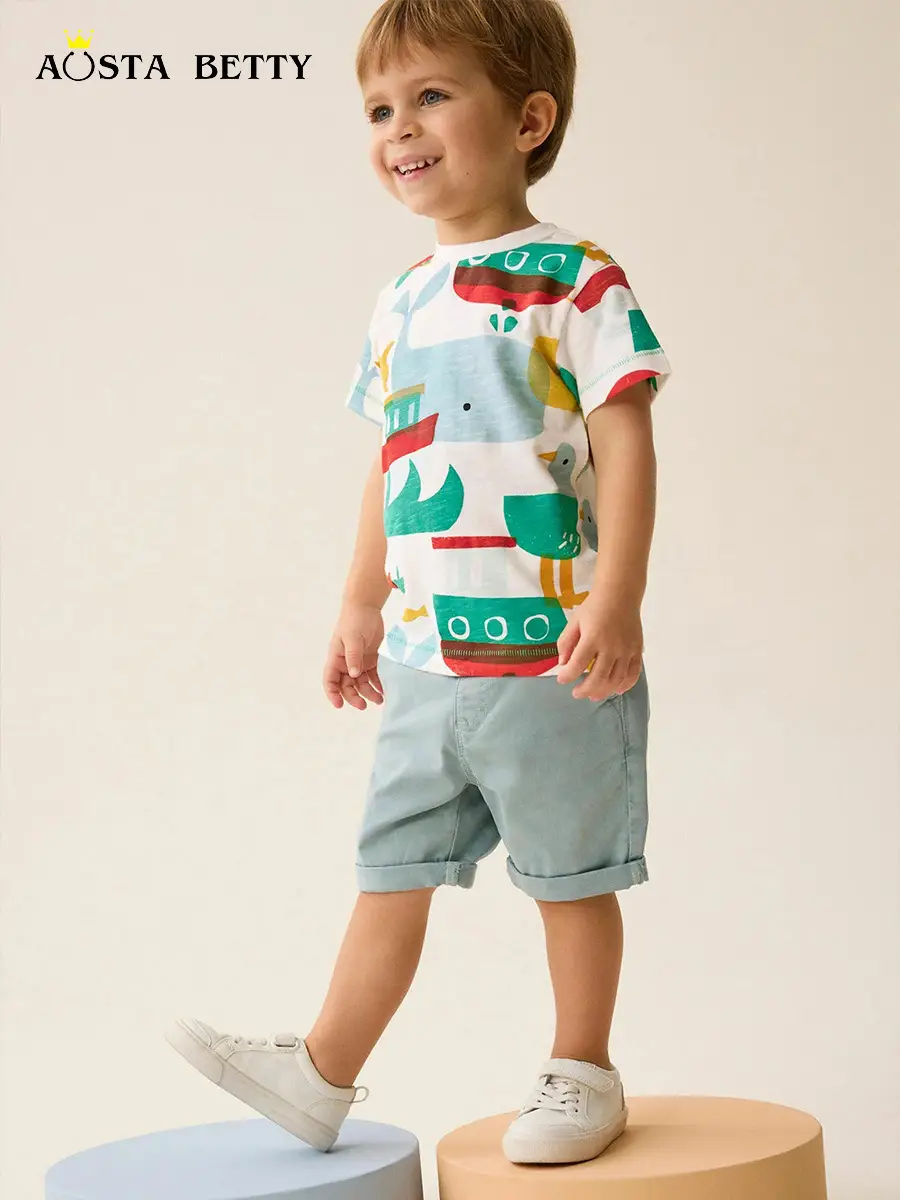 Kids Printed T-Shirt European Style Boys Summer Cotton Round Neck