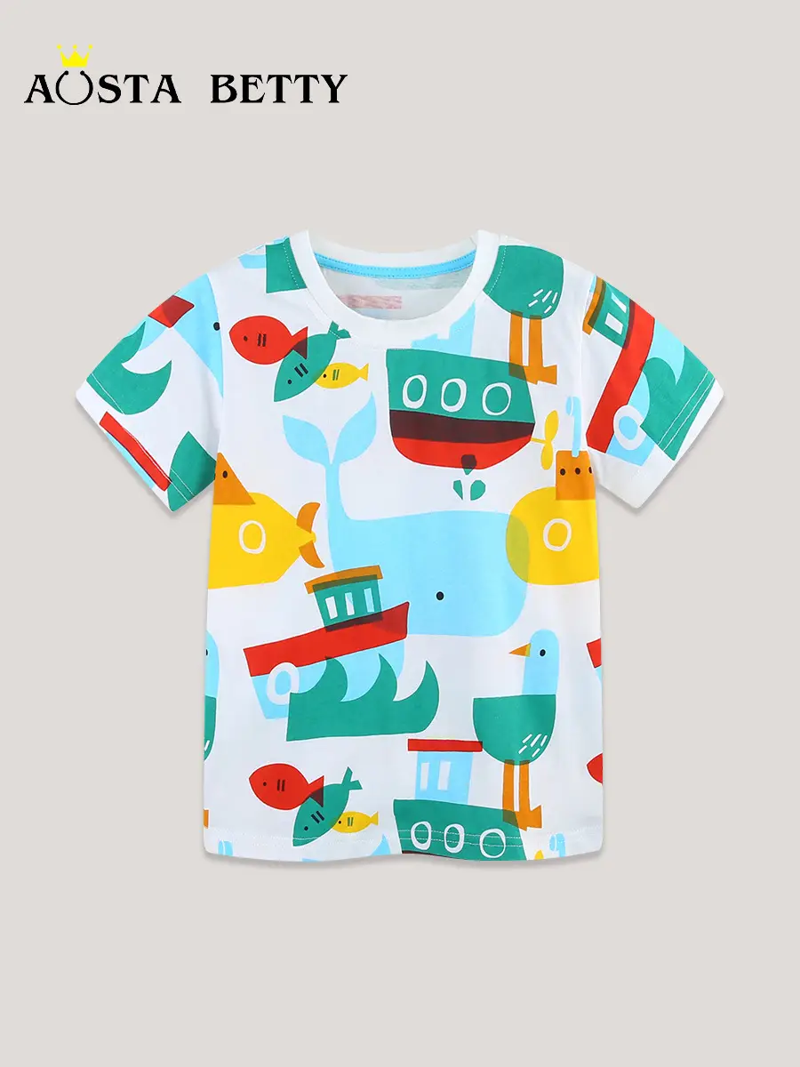 Kids Printed T-Shirt European Style Boys Summer Cotton Round Neck