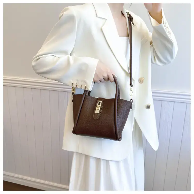 Women's 2024 Winter Brown Leather Shoulder Bag with Logo — feature 12