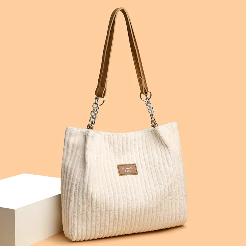 White Corduroy Chain Shoulder Bag for Women