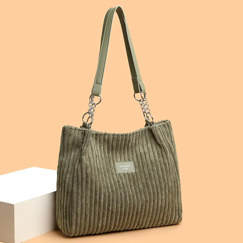 White Corduroy Chain Shoulder Bag for Women
