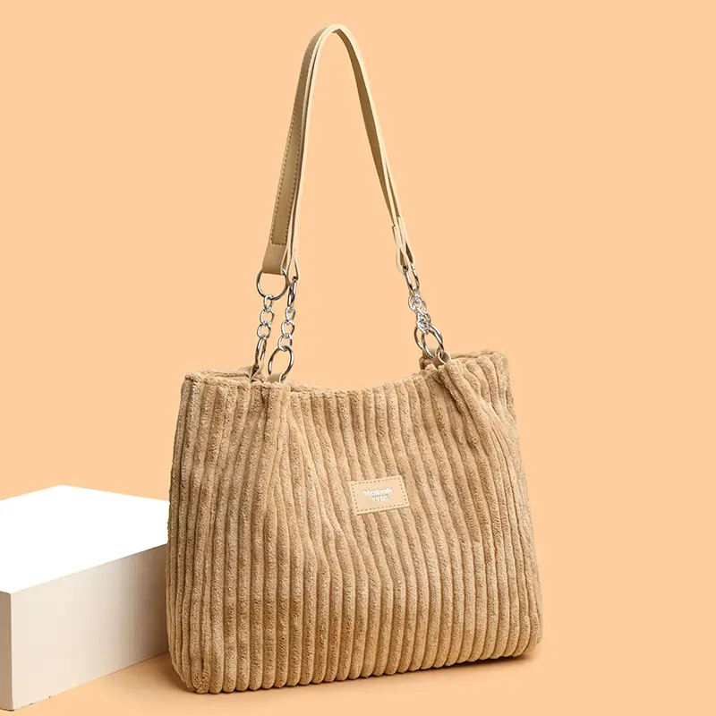White Corduroy Chain Shoulder Bag for Women