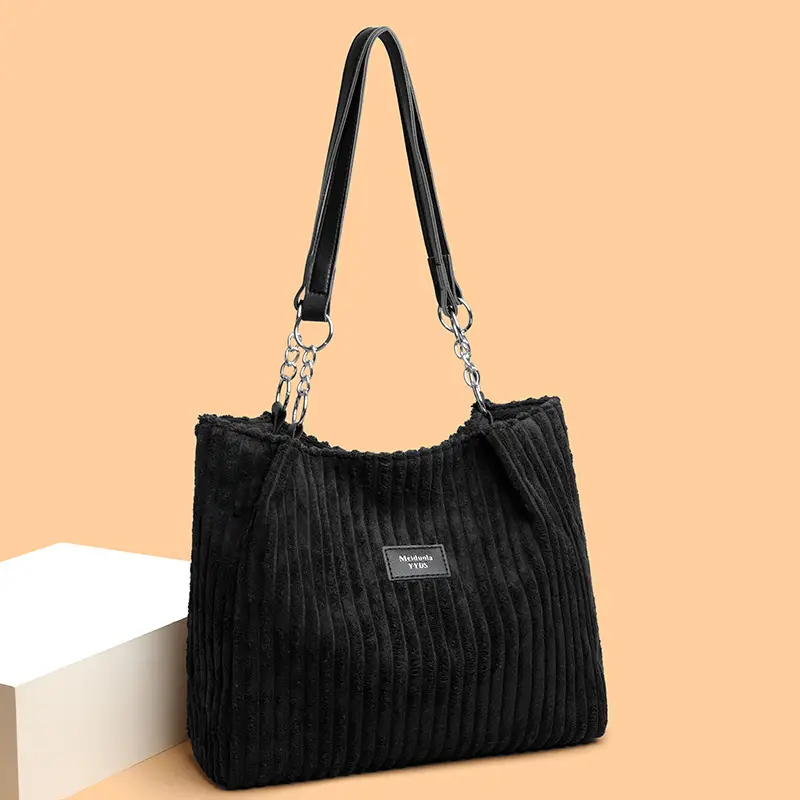 White Corduroy Chain Shoulder Bag for Women