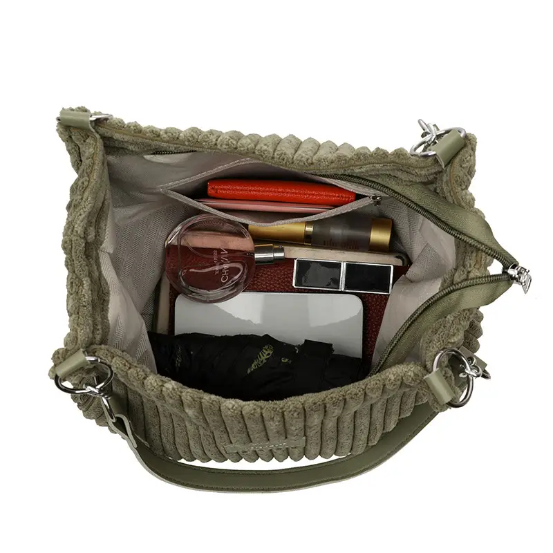 White Corduroy Chain Shoulder Bag for Women
