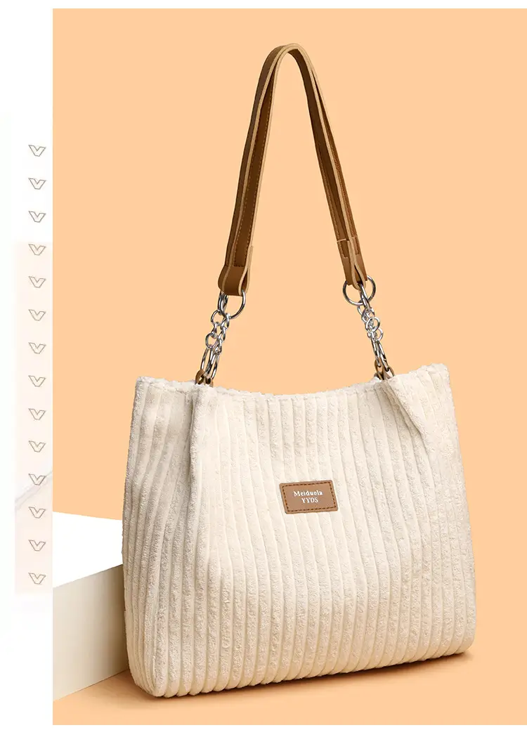 White Corduroy Chain Shoulder Bag for Women — feature 12