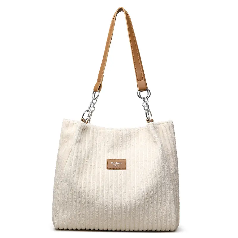 White Corduroy Chain Shoulder Bag for Women