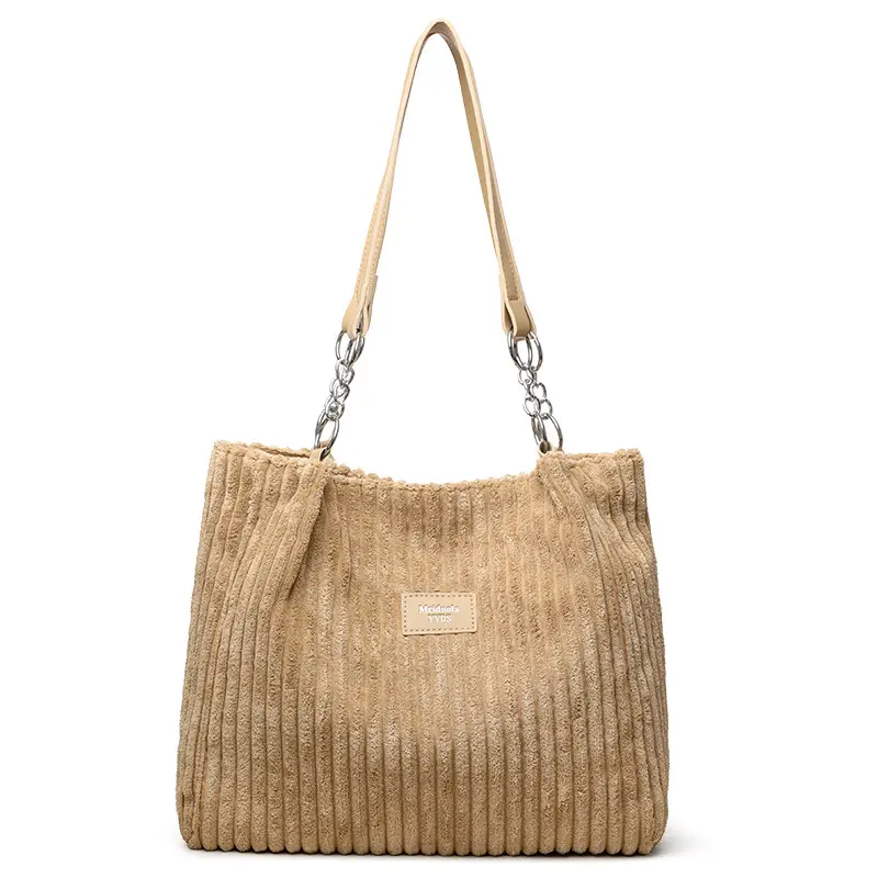 White Corduroy Chain Shoulder Bag for Women