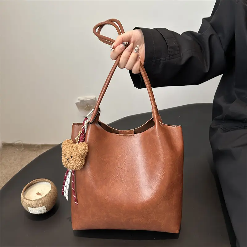 Women's Brown Leather Shoulder Bag with Teddy Bear Charm - Image 7