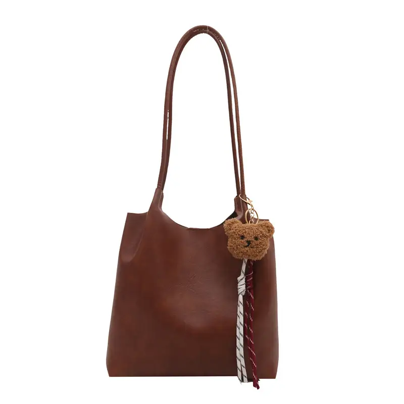 Women's Brown Leather Shoulder Bag with Teddy Bear Charm - Image 11