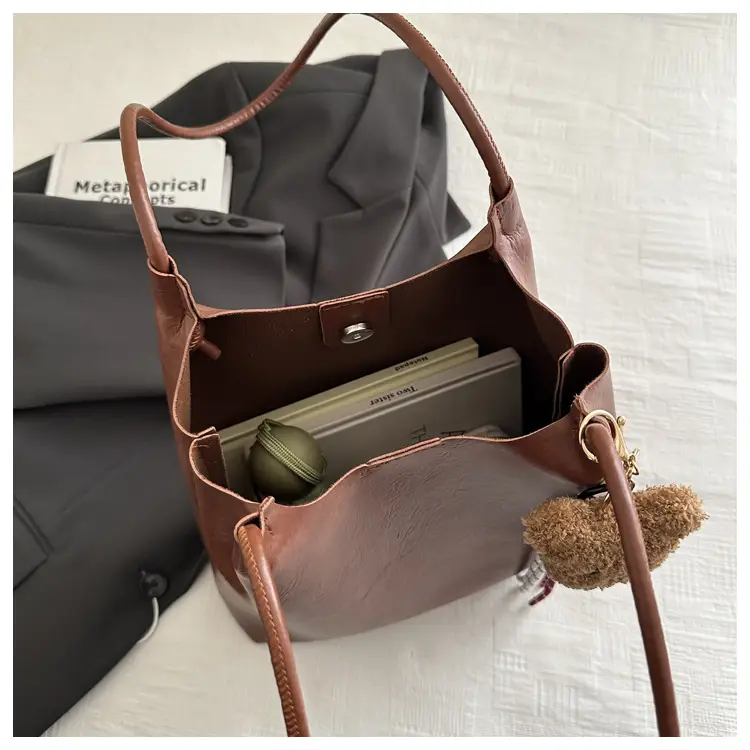 Women's Brown Leather Shoulder Bag with Teddy Bear Charm — feature 11