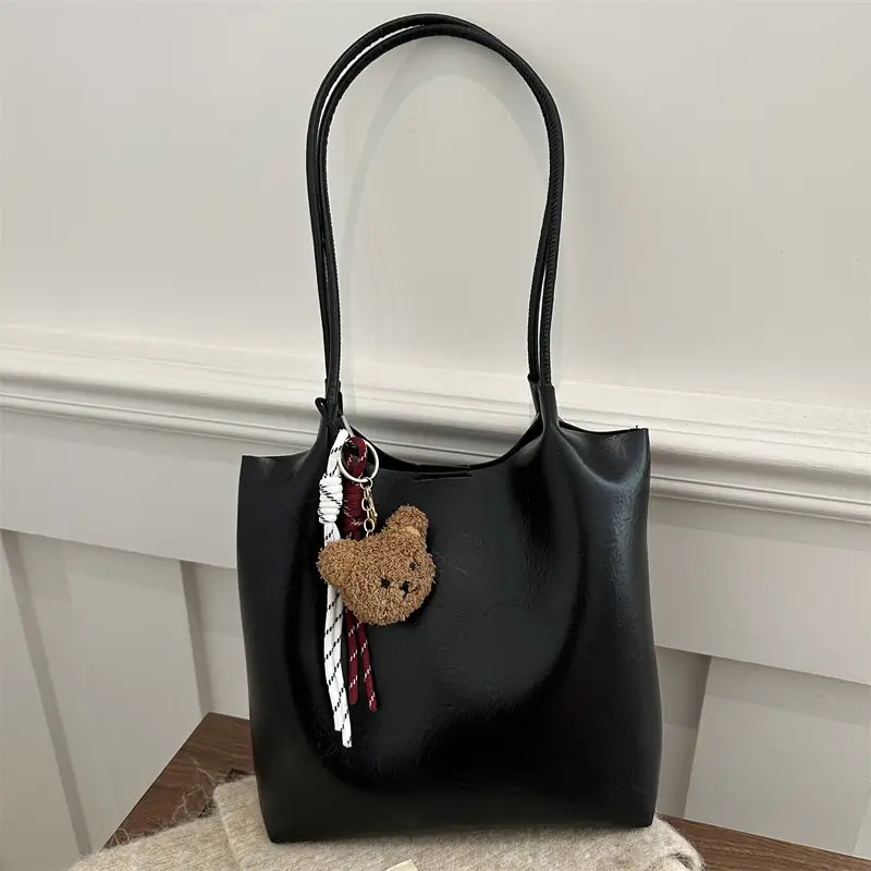 Women's Brown Leather Shoulder Bag with Teddy Bear Charm — feature 13