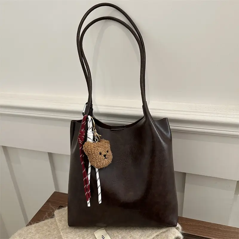Women's Brown Leather Shoulder Bag with Teddy Bear Charm — feature 14