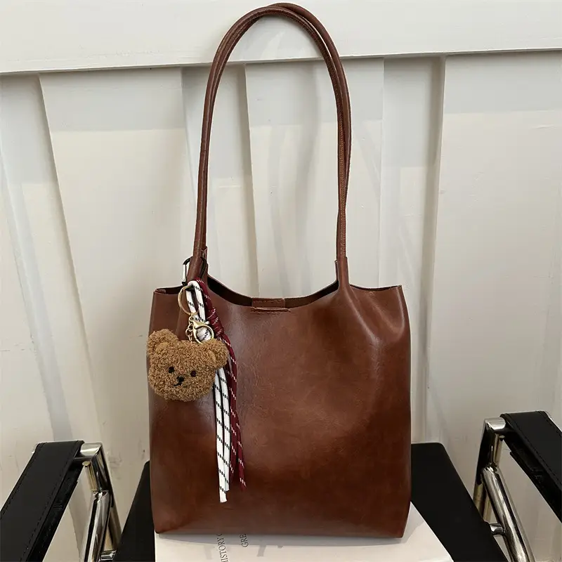 Women's Brown Leather Shoulder Bag with Teddy Bear Charm — feature 15