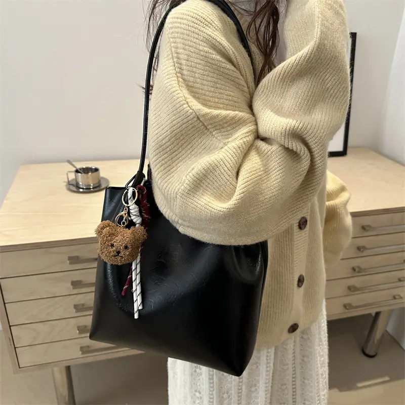 Women's Brown Leather Shoulder Bag with Teddy Bear Charm — feature 26