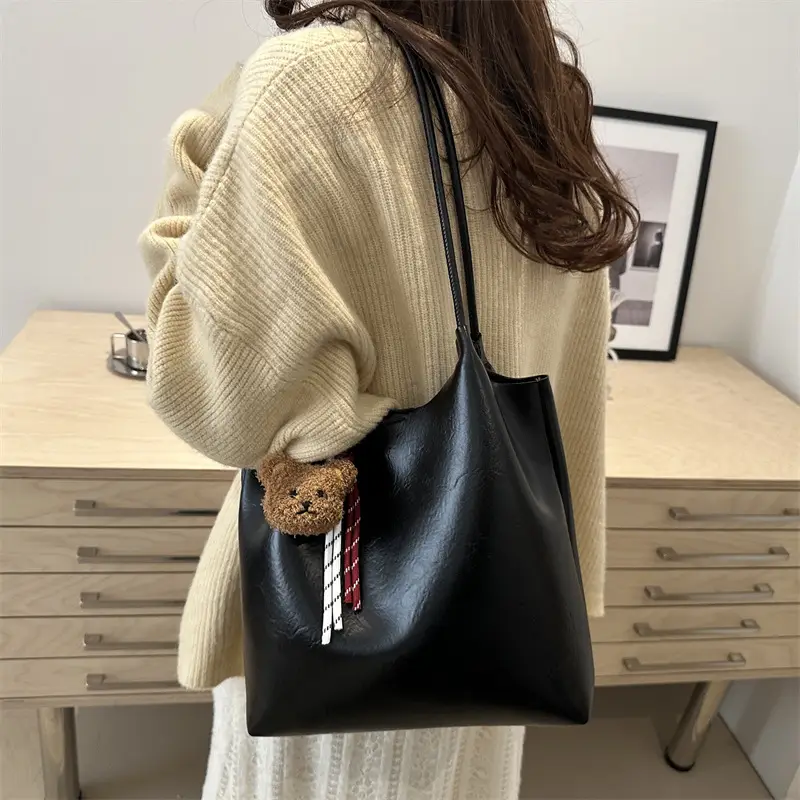 Women's Brown Leather Shoulder Bag with Teddy Bear Charm — feature 27