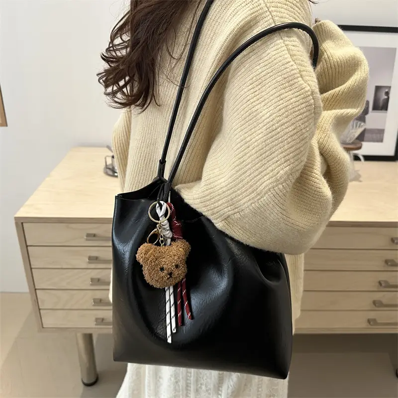 Women's Brown Leather Shoulder Bag with Teddy Bear Charm — feature 28