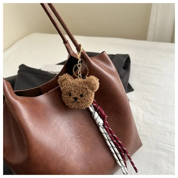 Women's Brown Leather Shoulder Bag with Teddy Bear Charm — feature 8