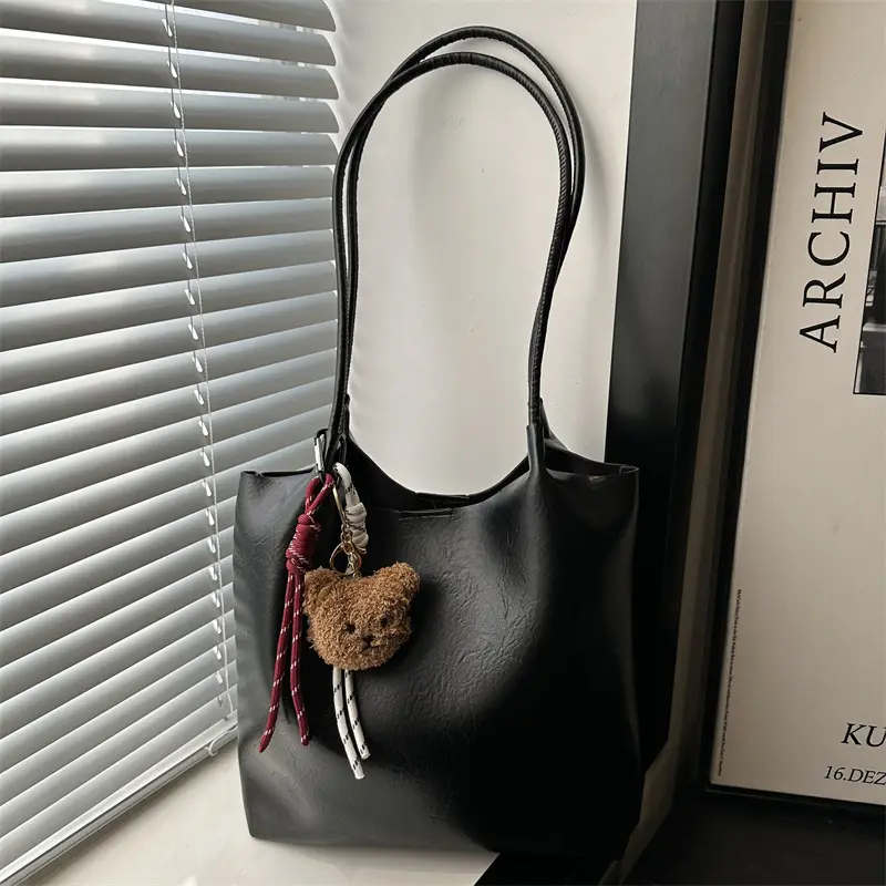Women's Brown Leather Shoulder Bag with Teddy Bear Charm - Image 4