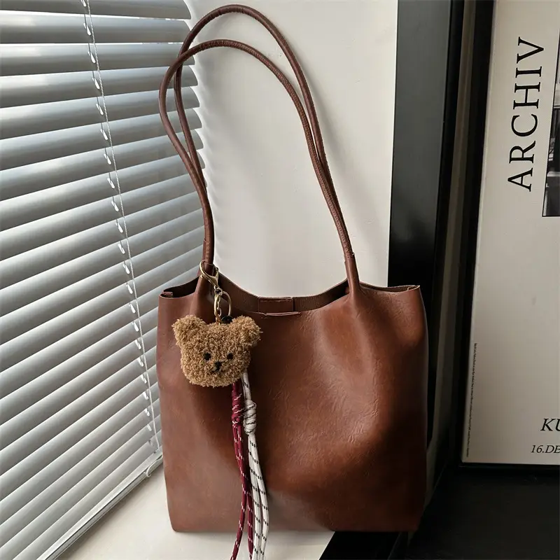 Women's Brown Leather Shoulder Bag with Teddy Bear Charm - Image 5