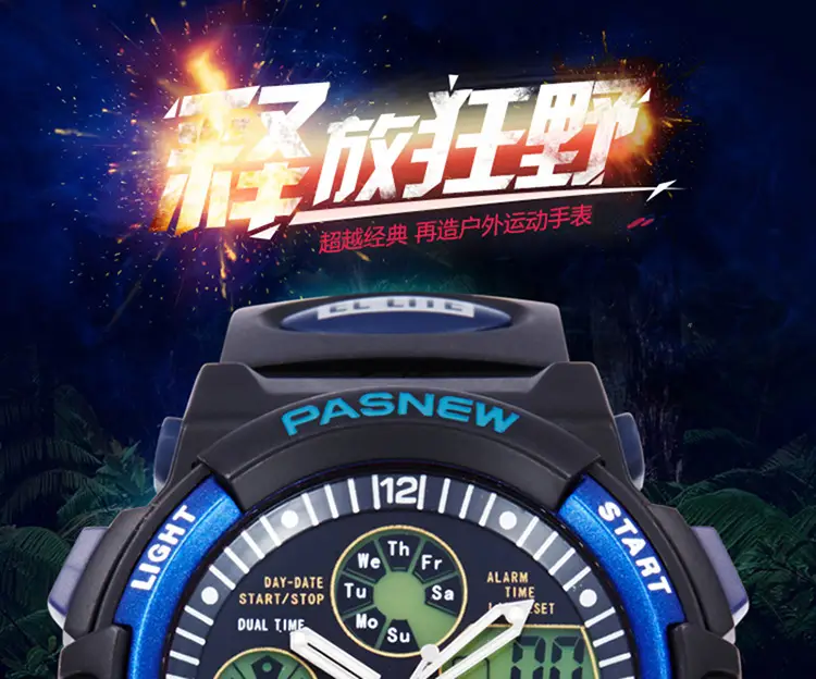 Pasnew Waterproof LED Digital Boy's Watch Black Yellow — feature 1