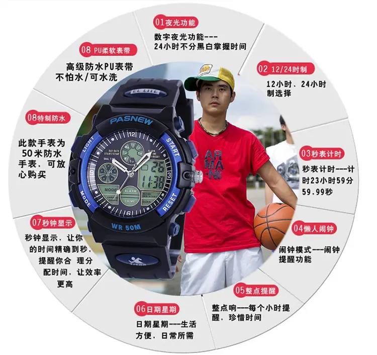 Pasnew Waterproof LED Digital Boy's Watch Black Yellow — feature 11