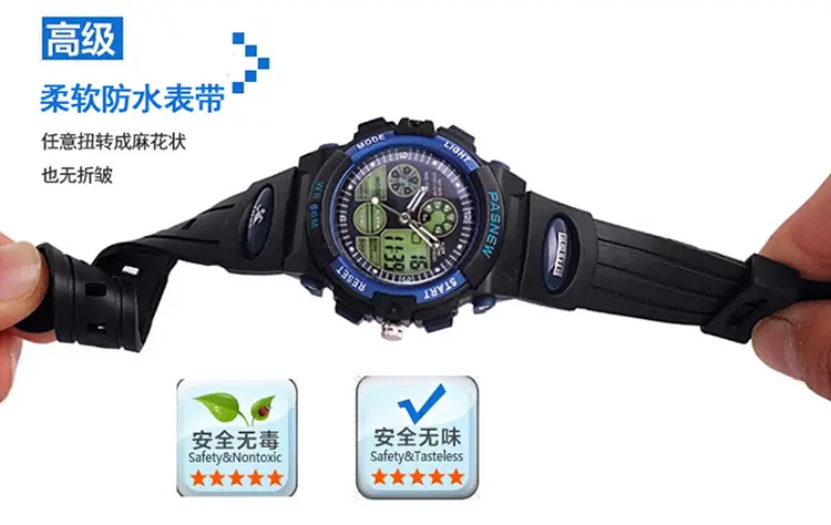 Pasnew Waterproof LED Digital Boy's Watch Black Yellow — feature 16