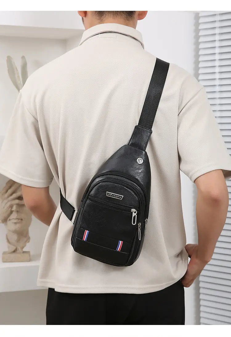 Men's Black PU Leather Chest Bag with Adjustable Strap — feature 11