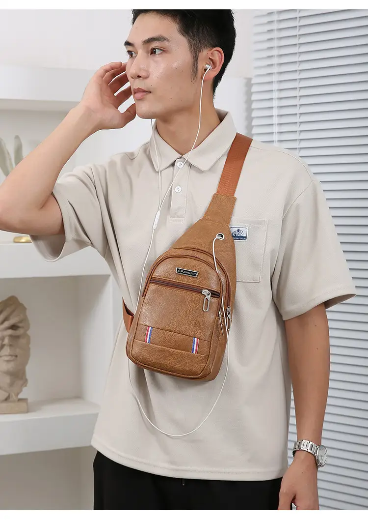 Men's Black PU Leather Chest Bag with Adjustable Strap — feature 17