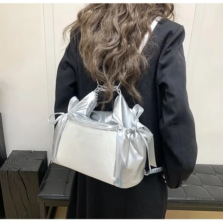 Korean Style Bow Bag for Girls Black White - Image 6