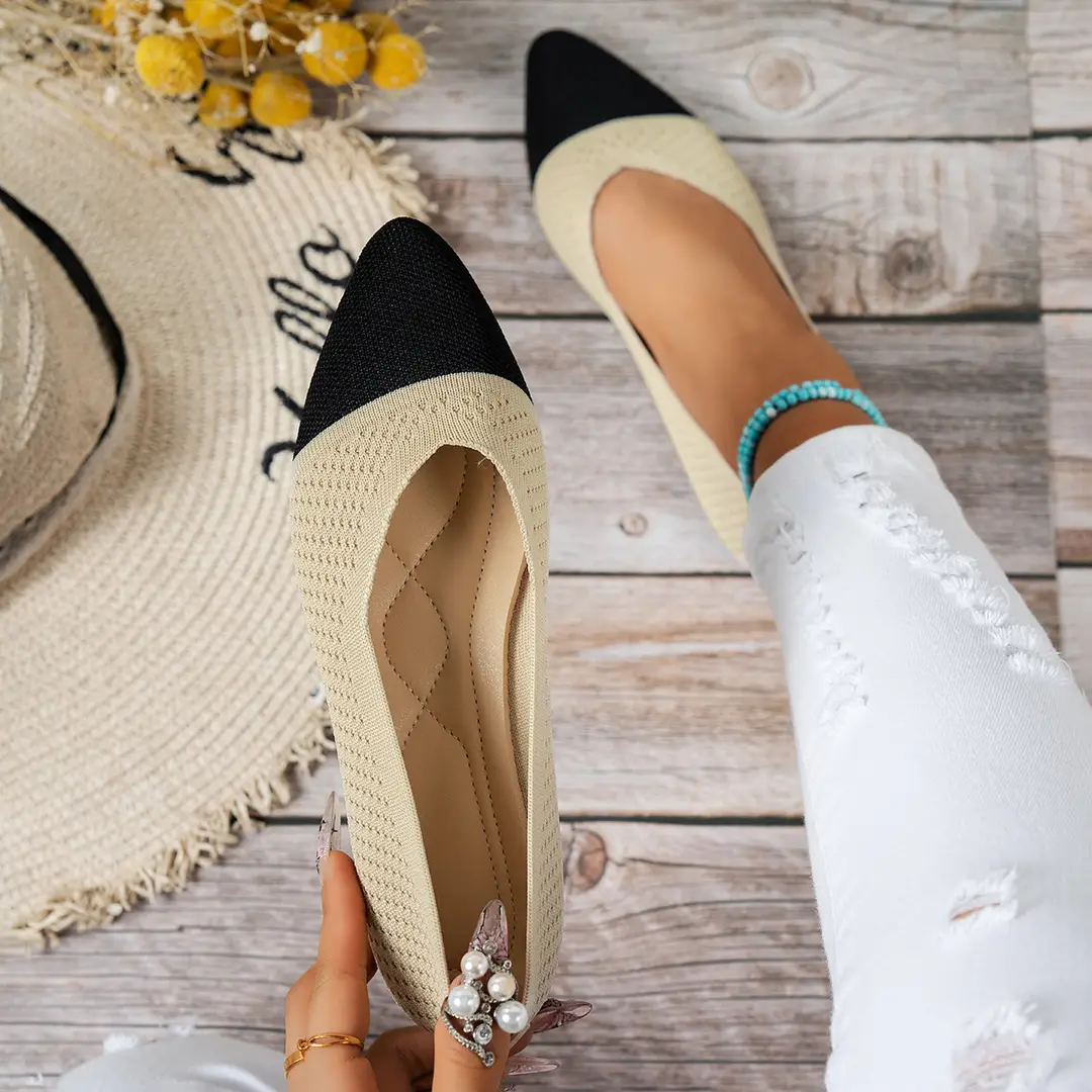 Color-Blocked 2025 New European and American Style Large Size Pointed Toe Flat Shoes Women's Knit Shoes Casual Shoes Women's Shoes Versatile Casual Shoes - Image 5