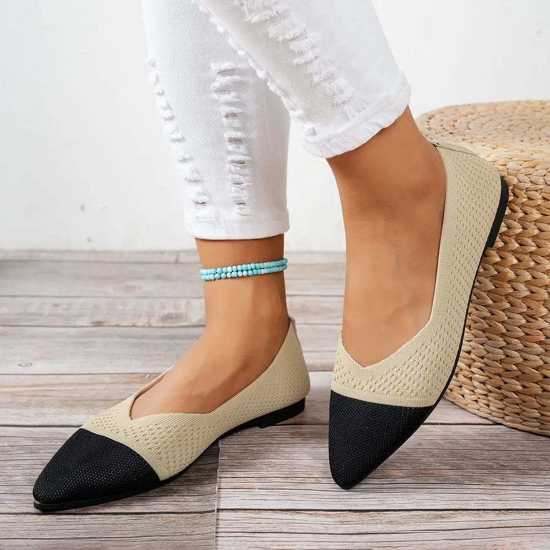 Color-Blocked 2025 New European and American Style Large Size Pointed Toe Flat Shoes Women's Knit Shoes Casual Shoes Women's Shoes Versatile Casual Shoes - Image 6