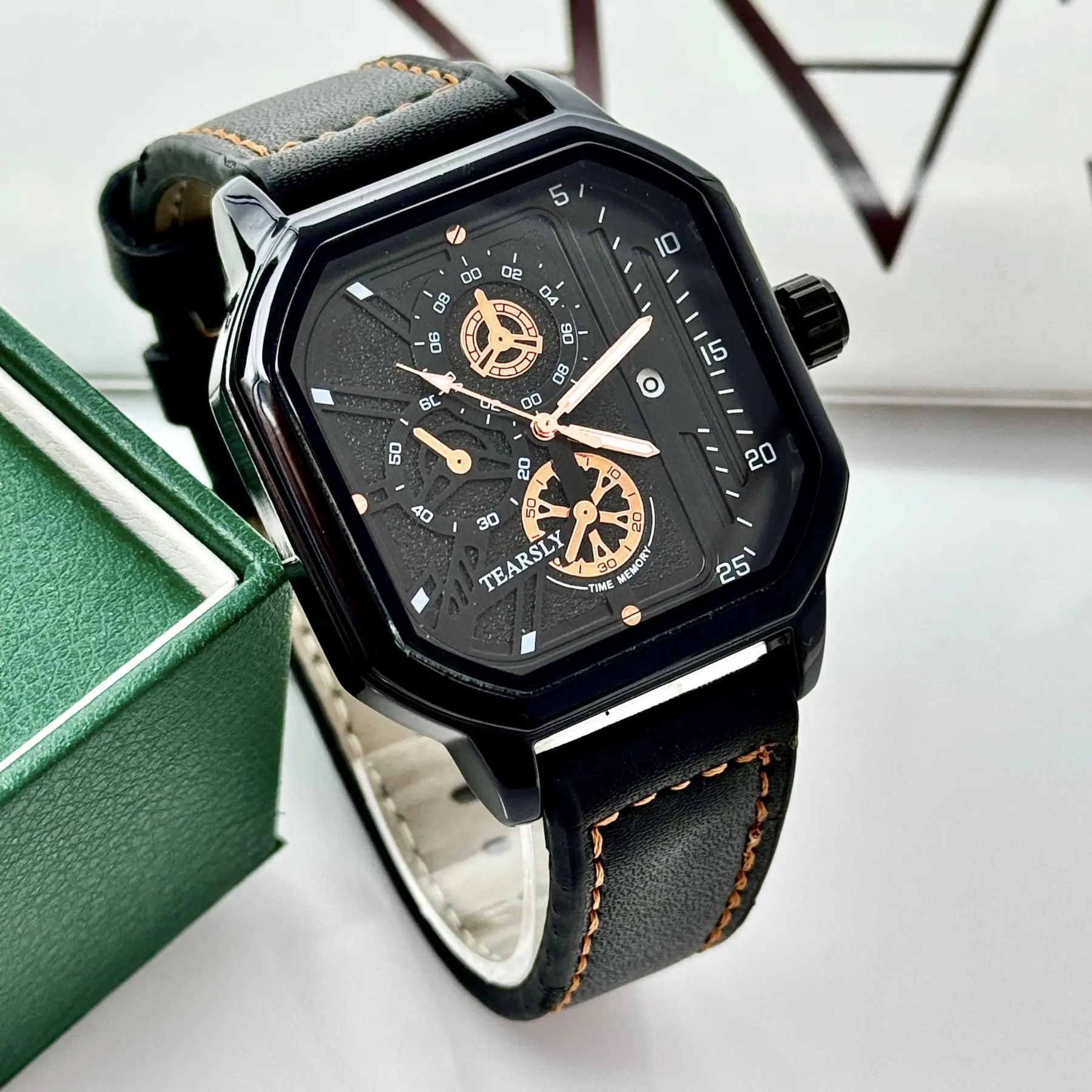 Men's Square Steel Band Waterproof Quartz Watch with Calendar — feature 14