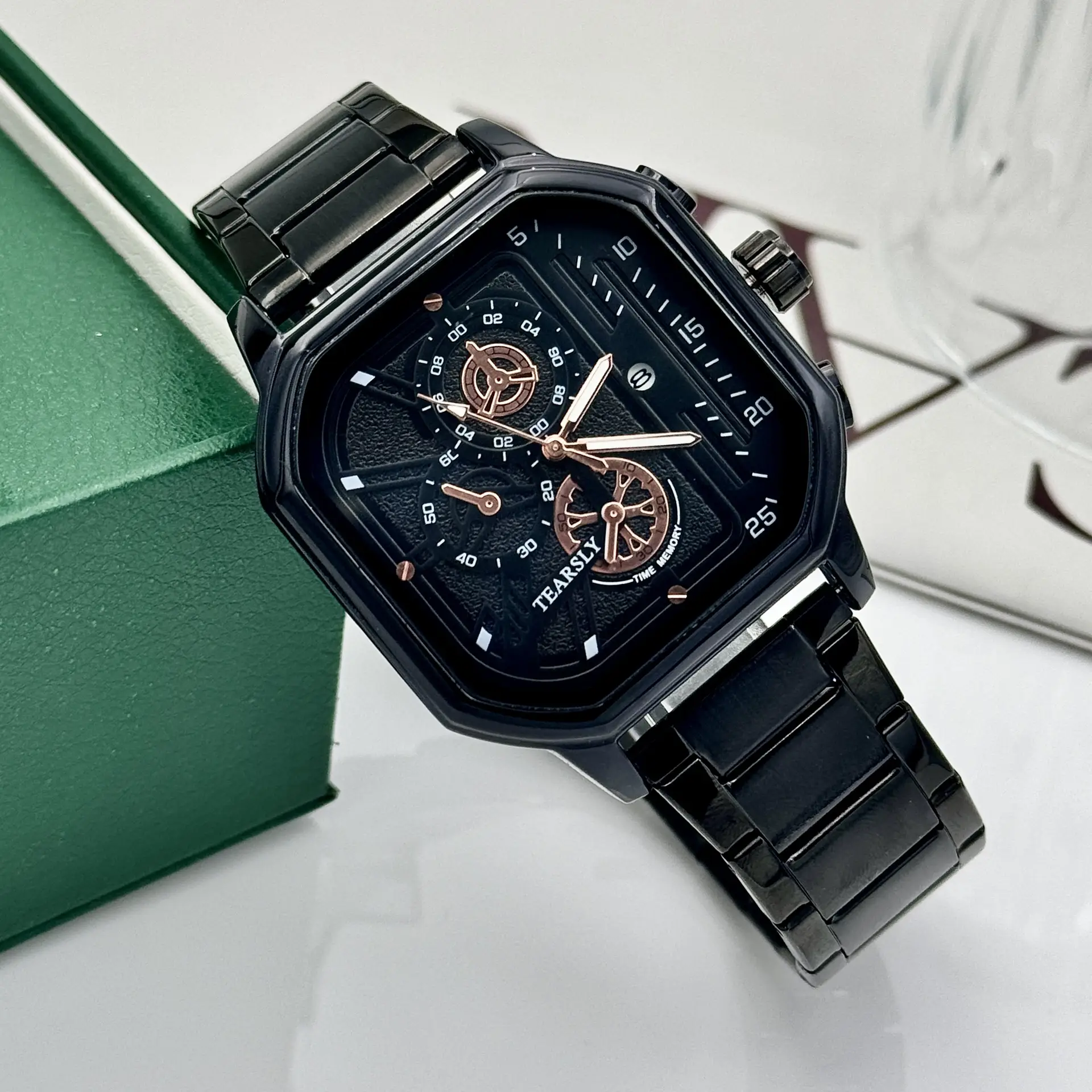 Men's Square Steel Band Waterproof Quartz Watch with Calendar - Image 2